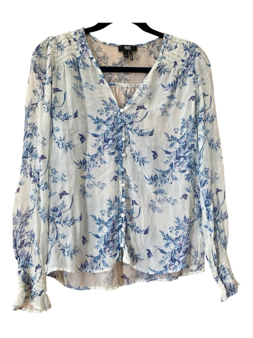 PAIGE 100% Silk Floral Smocked Button Front Blouse Peasant Top S